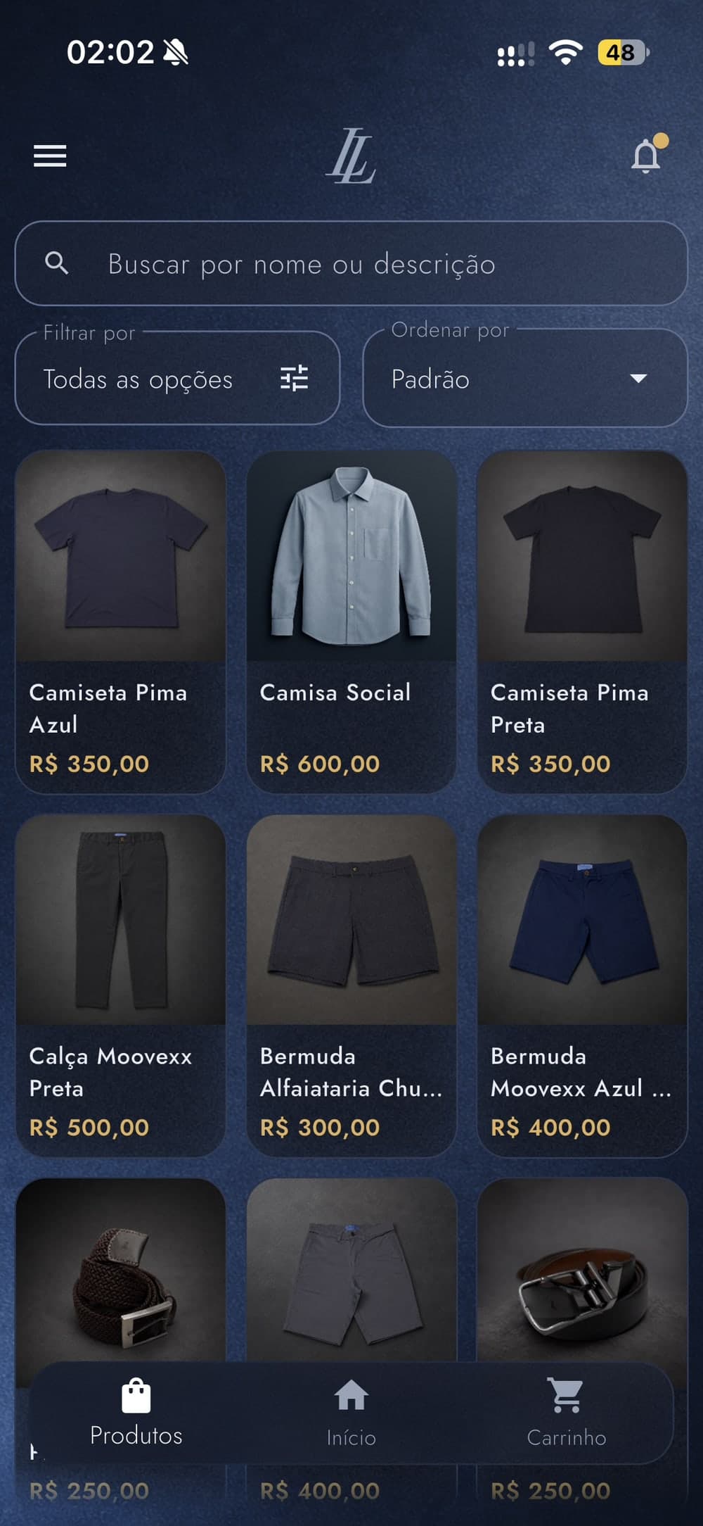Grade de produtos com campo de busca, filtro e ordenação, mostrando camisetas, camisas, calças e cintos